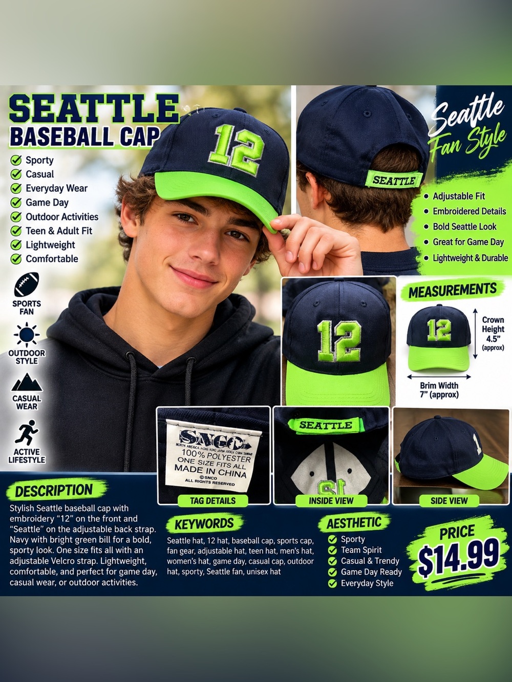 Kids Navy Cap with Neon Green Bill and '12' Embroidery